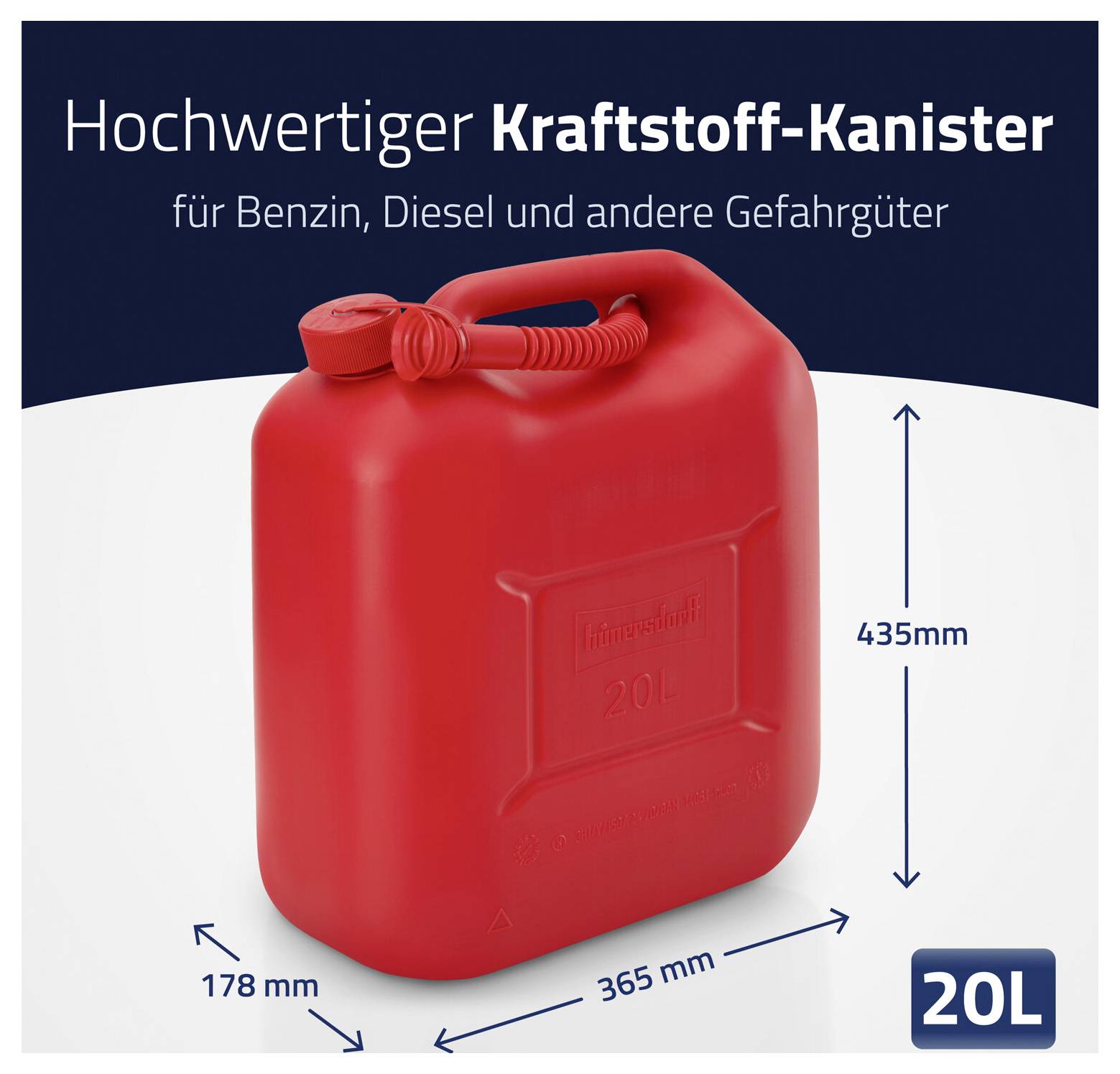 Červený kanistr paliva 20L na tmavě modré a bílé grafice produktu, označený pro benzín a naftu, s rozměry 435 mm na výšku, 365 mm na šířku a 178 mm na hloubku.