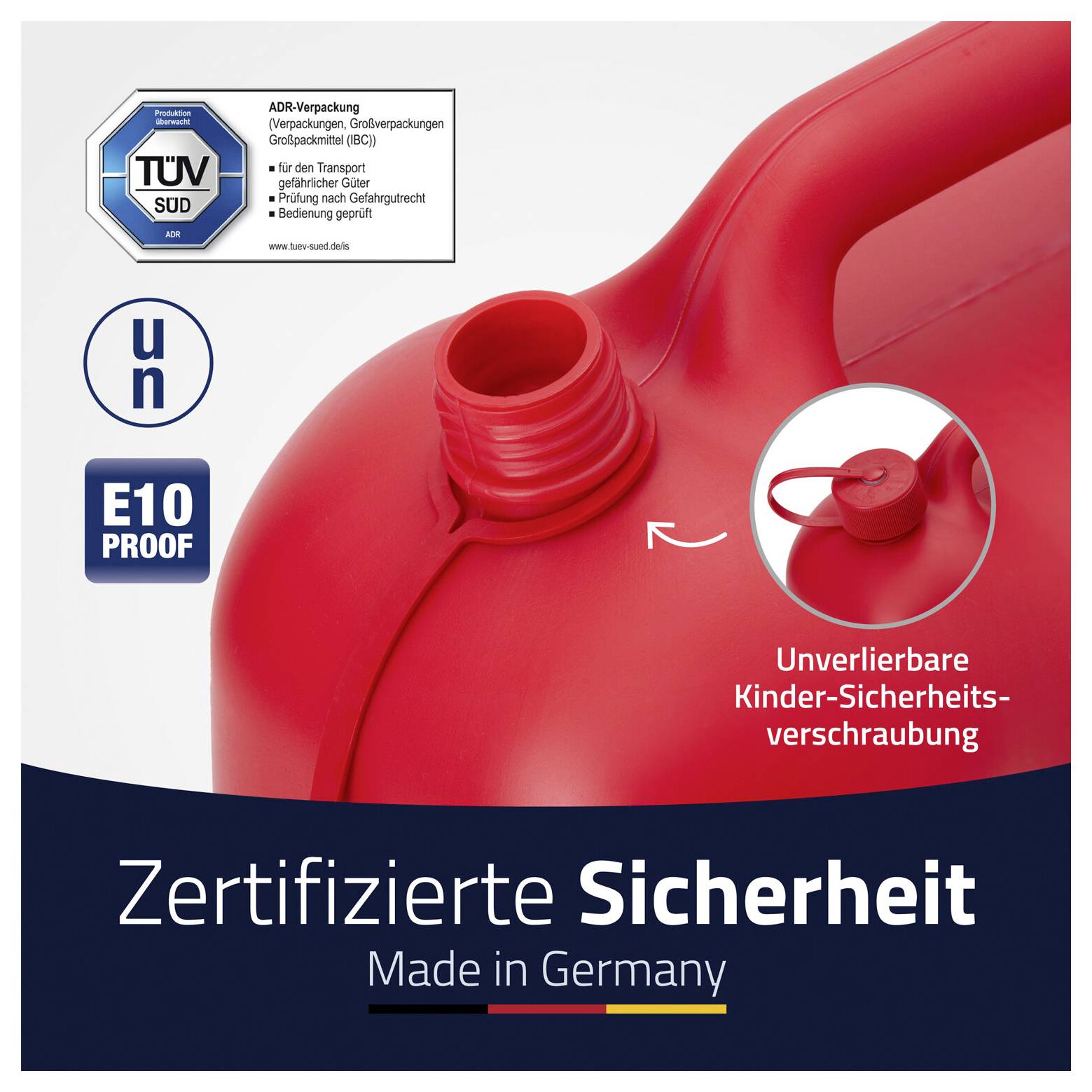 Červený kanystr Jerry s certifikovaným bezpečnostním uzávěrem odolným vůči dětem; německé štítky „Zertifizierte Sicherheit" a „Made in Germany", plus razítka TÜV SÜD, UN a E10.