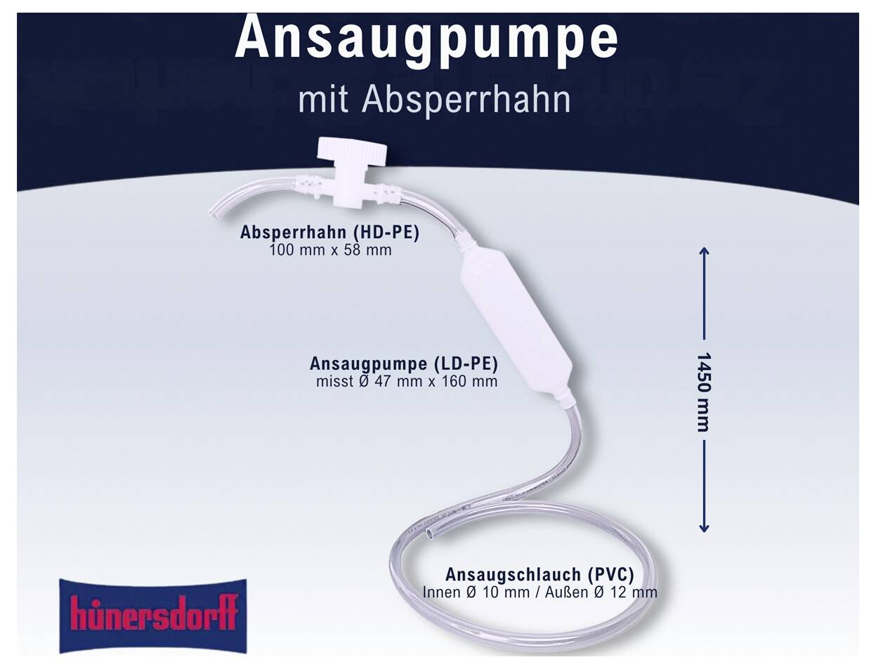 Diagram „Nasávací čerpadlo s uzavíracím ventilem" znázorňující komponenty čerpadla: uzavírací ventil, nasávací čerpadlo LD-PE a hadicová tlaková hadice PVC s rozměry.