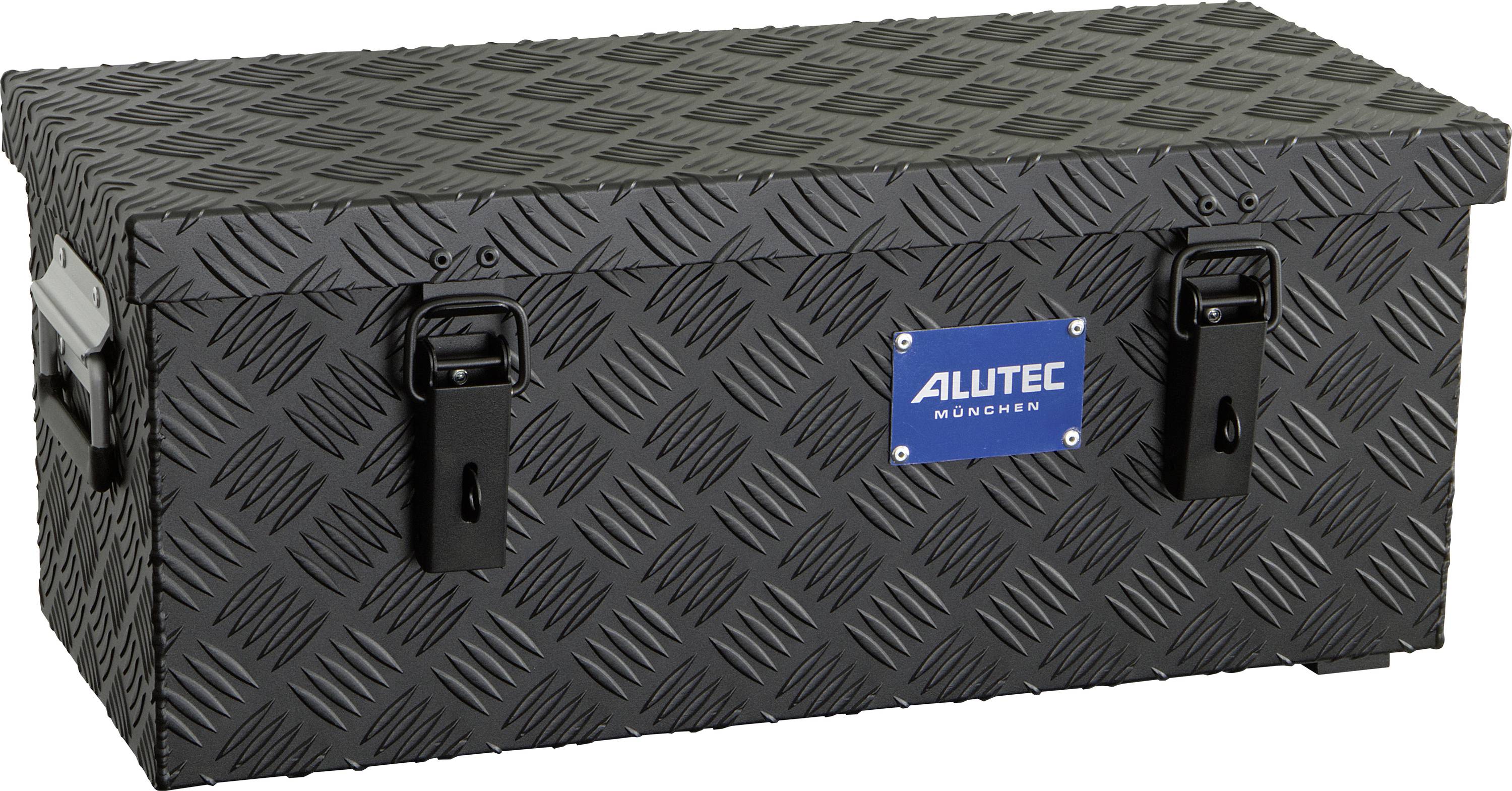 Kovový úložný box s černým vzorem diamantové desky s dvěma předními zámky a modrou logem "ALUTEC MONGHEN".