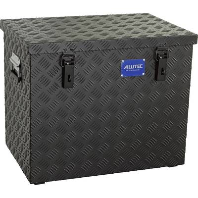 Černá metalická truhla pro skladování s diamantovým vzorem, víkem, předními zámky, bočními madly a odznakem 'ALUTEC MÜNCHEN'.