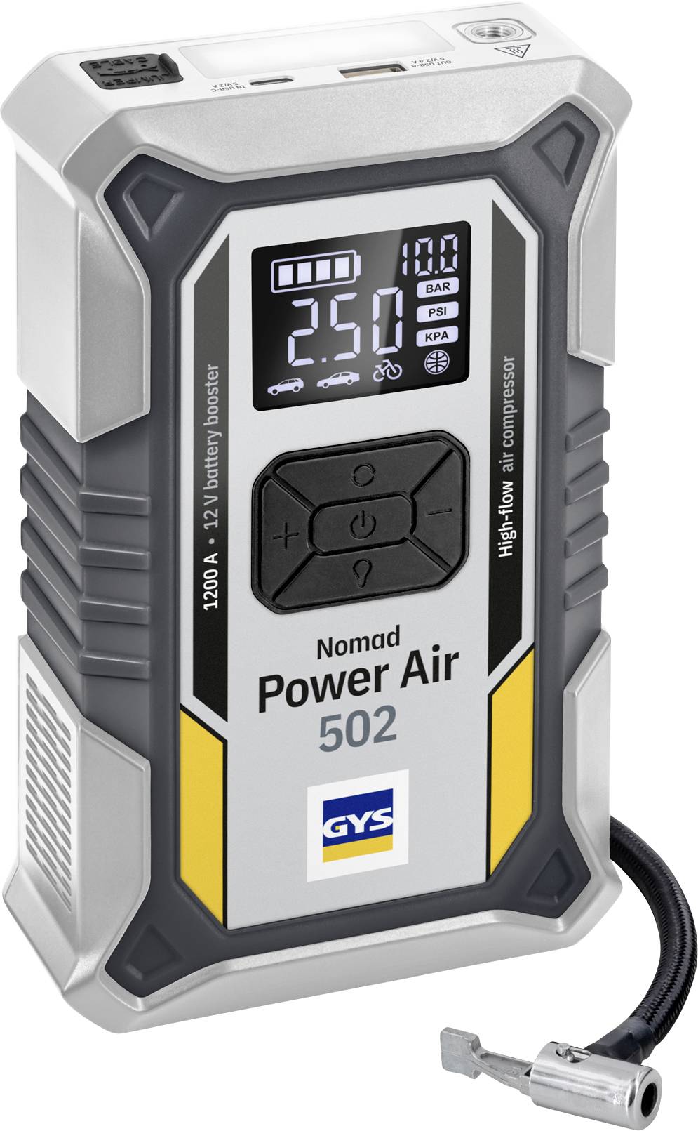Přenosný Nomad Power Air 502 akumulátorový kompresor s digitálním displejem zobrazujícím 250 psi a připojením hadice.