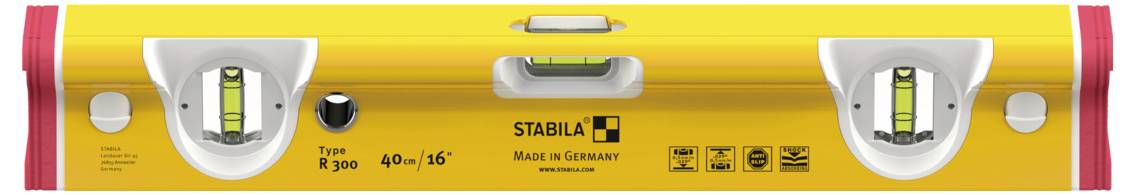 Žlutá 40palcová vodováha Stabila se dvěma libellami a výřezy pro madla, označená "STABILA" a "MADE IN GERMANY".