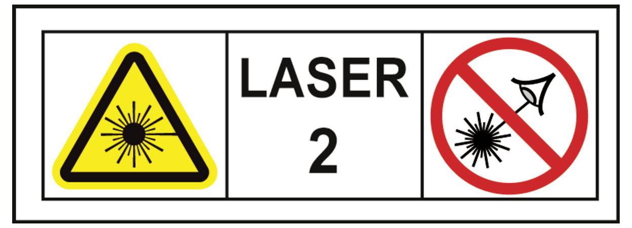Laserové varovné znamení 2: žlutý trojúhelník se symbolem laserového paprsku a červeným zákazovacím symbolem upozorňujícím na nebezpečí laseru a zákaz přímé expozice očí.