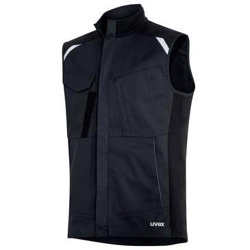 Černá bezrukávka do práce s vysokým límcem a přední zipu, zdobená reflexními prvky na ramenou a logem 'uvex' na spodní přední části.