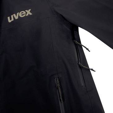 Černá bunda uvex s reflexním logem a zapínacími bočními kapsami na jednobarevném pozadí.