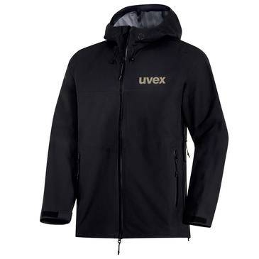 Černá mikina s kapucí na zip s logem "uvex" na prsou, zobrazeno zepředu na bílém pozadí.