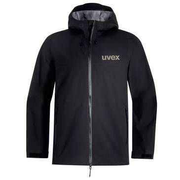 Černá mikina s kapucí na zip s logem "uvex" na prsou, zobrazena ze přední strany na bílém pozadí.