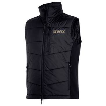 Černá zapínaná na zip bezrukávová péřová vesta s logem "uvex" na prsou, zobrazená na bílém pozadí.