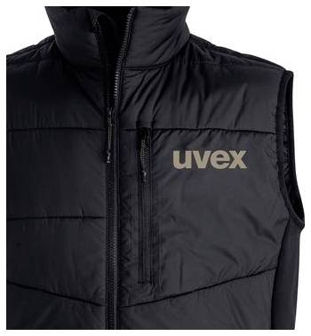 Černá prošívaná bezrukávová péřová vesta s zipem u límce a logem „uvex" na hrudi.