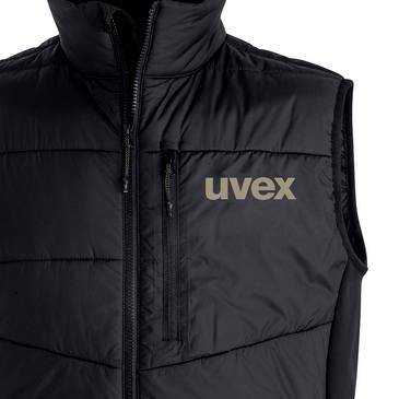 Černá prošívaná bezrukávková péřová vesta s vysokým límcem a logem 'uvex' na prsou.