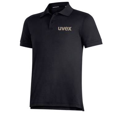 Černá polo košile s krátkým rukávem s logem "uvex" na hrudi, zobrazená zepředu na bílém pozadí.