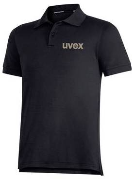 Černé polo tričko s krátkými rukávy s logem „uvex" na prsou, zobrazené na bílém pozadí.