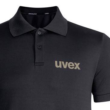 Černé triko s krátkým rukávem a límečkem a třemi knoflíky s logem „uvex" na prsou.