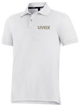 Bílé polo tričko s krátkými rukávy, límcem a logem "uvex" na prsou, zobrazené v přední pohledu na jednoduchém pozadí.