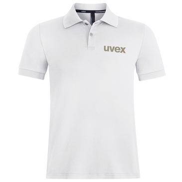 Bílá trička s krátkými rukávy a límečkem polo s logem „uvex" na prsou, zobrazená z přední strany na jednoduchém pozadí.