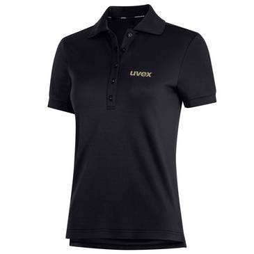 Černá polokošile s krátkým rukávem s logem "uvex" na prsou, zobrazená v přední pohledu na bílém pozadí.