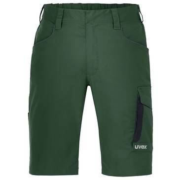 Tmavě zelené pracovní cargo kraťasy s více kapsami a logem 'uvex' na pravé noze.