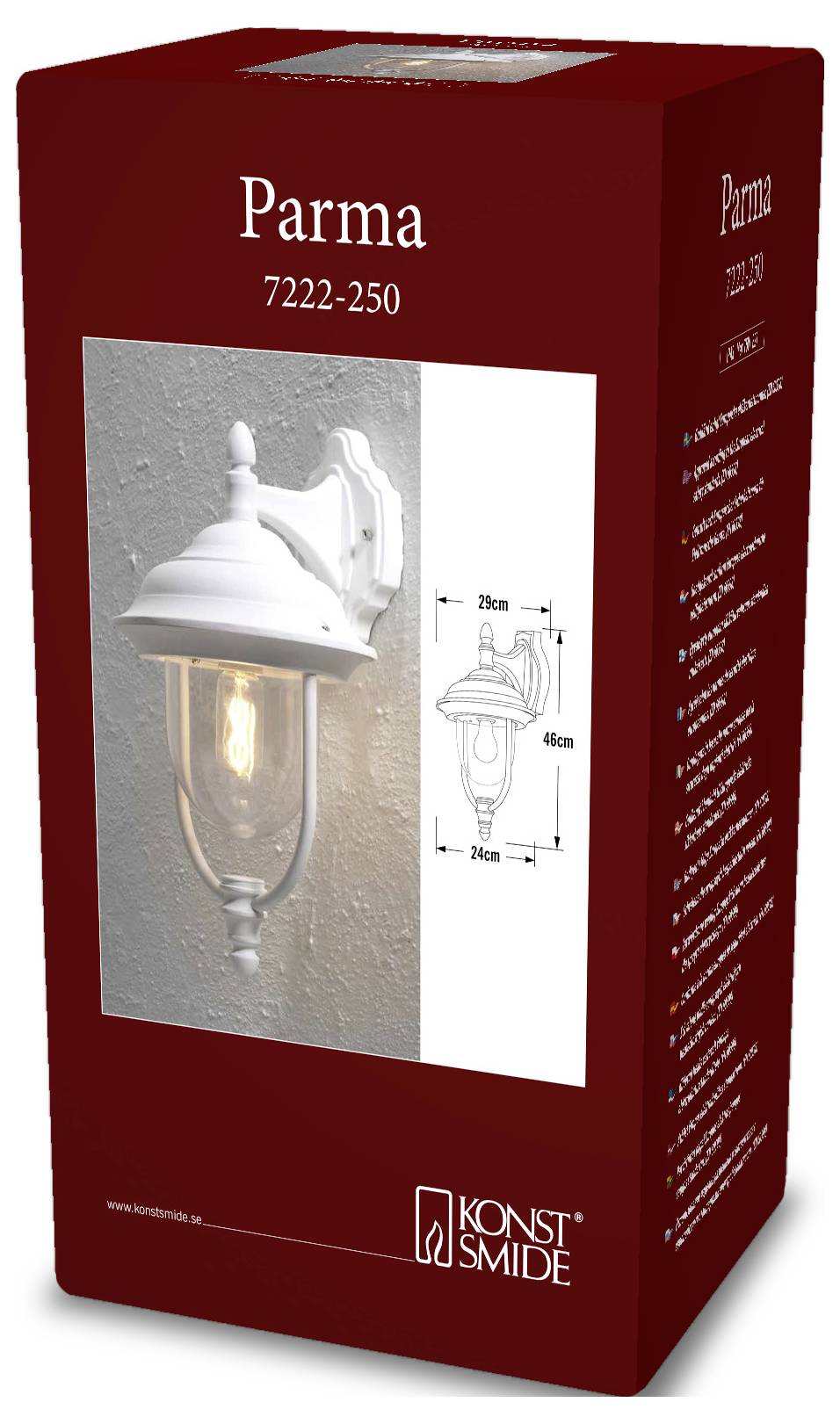 Červená krabice produktu Konst Smide 'Parma' zobrazující bílé venkovní nástěnné svítidlo a schéma rozměrů, model 7222-250.