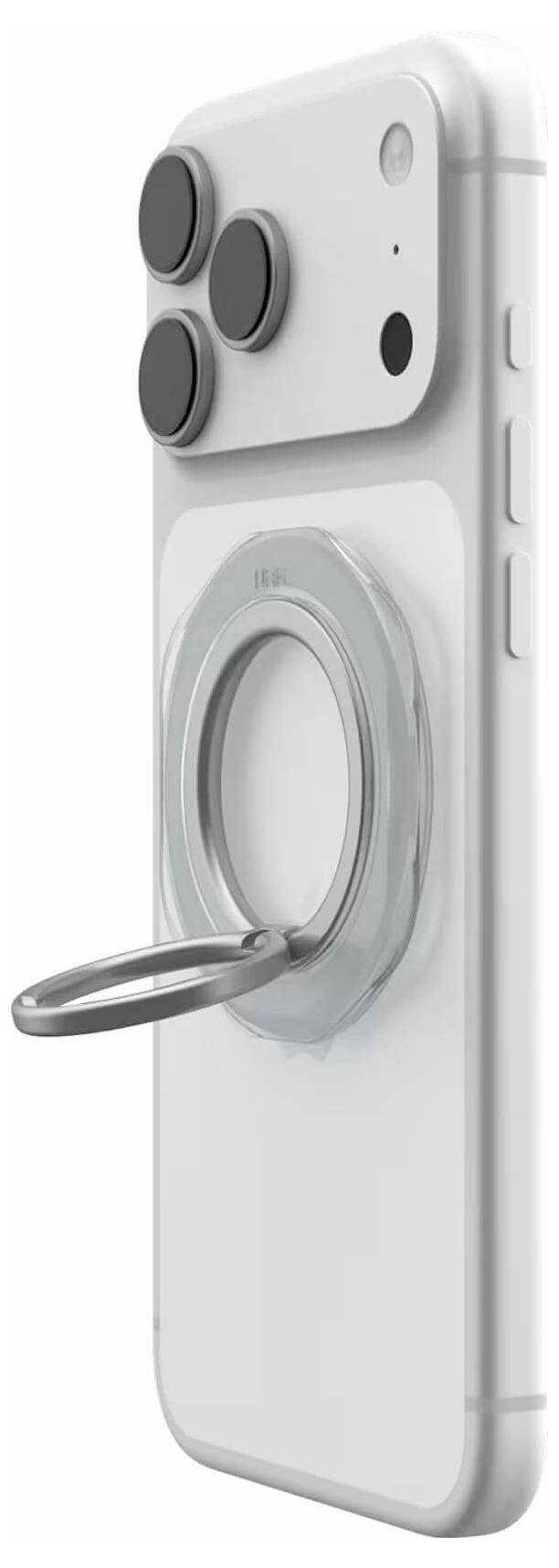 Smartphone s šedým magnetickým kroužkovým stojánkem připevněným na zádech, zobrazujícím rotující kroužkový úchop a zvýšenou ochranu fotoaparátu na světlém obalu.