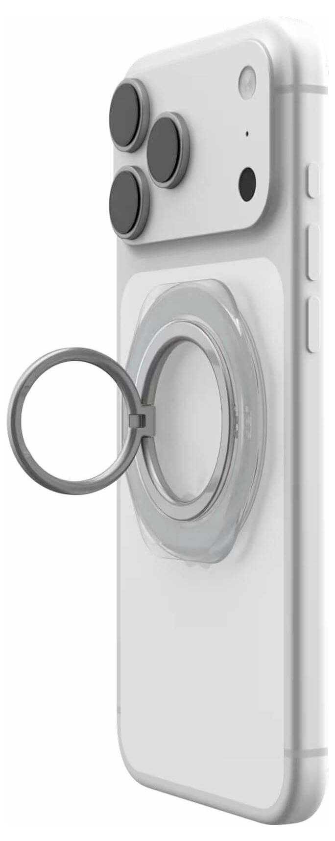 Detailní snímek bílého chytrého telefonu s velkým fotoaparátem na zadní straně a připevněným držákem kroužku, zobrazený v úhledném pohledu.