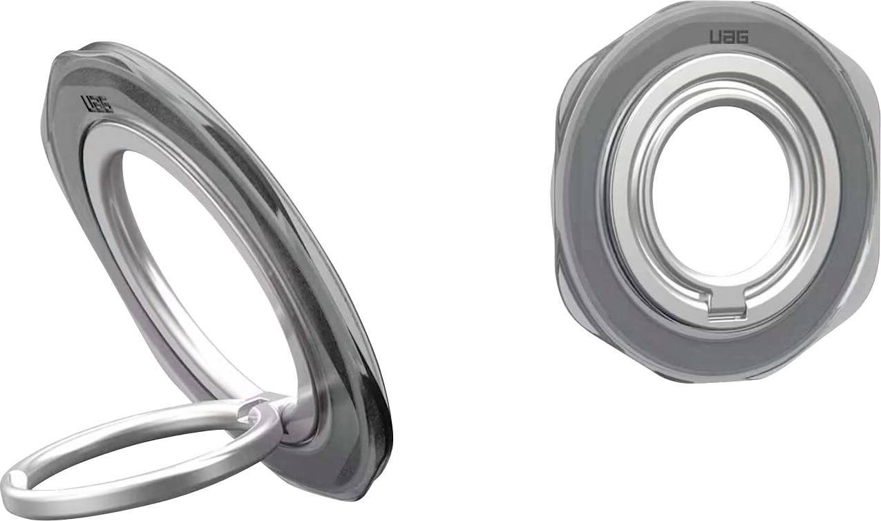 Oční závěs ze stříbrného kovu a kroužkový hardware zobrazený v úhlovém bočním pohledu a čelním pohledu na bílém pozadí.