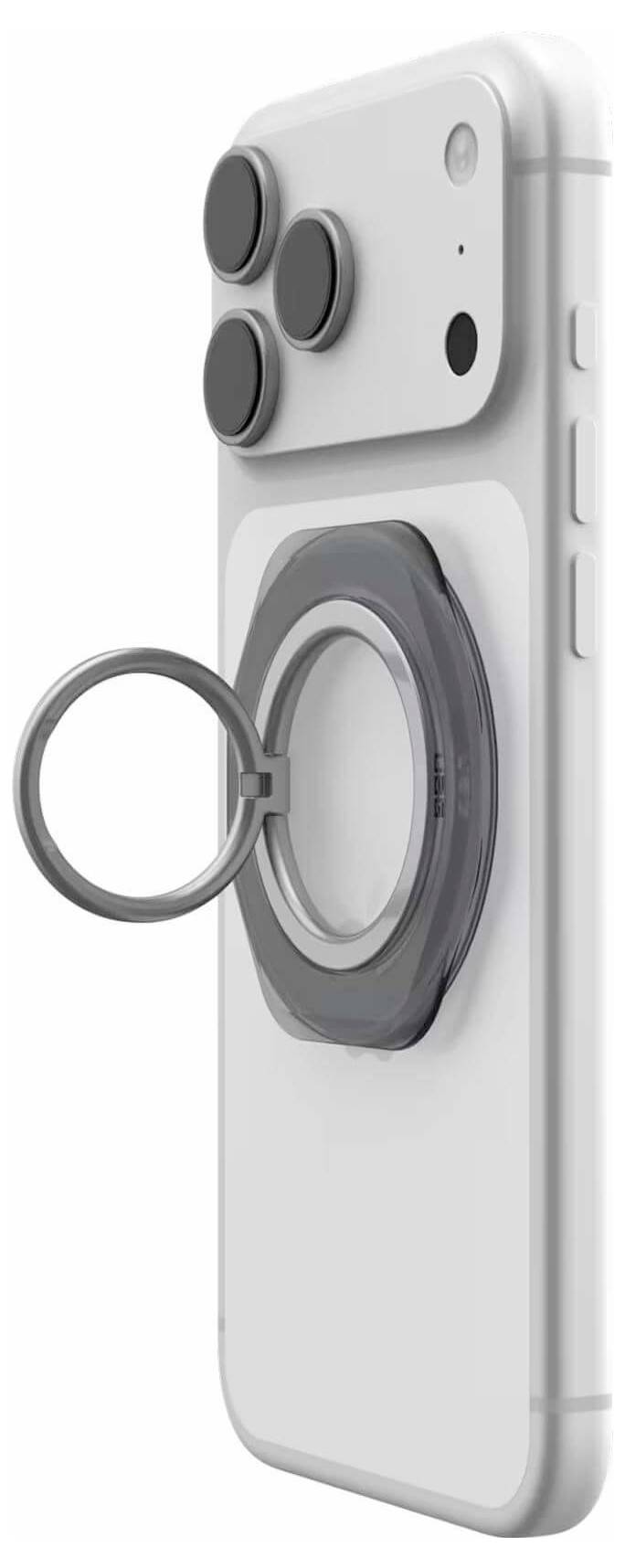 Detailní záběr na smartphone s magnetickým kroužkovým držákem připevněným na zádech, zobrazující výstupek fotoaparátu a ochranný kryt.
