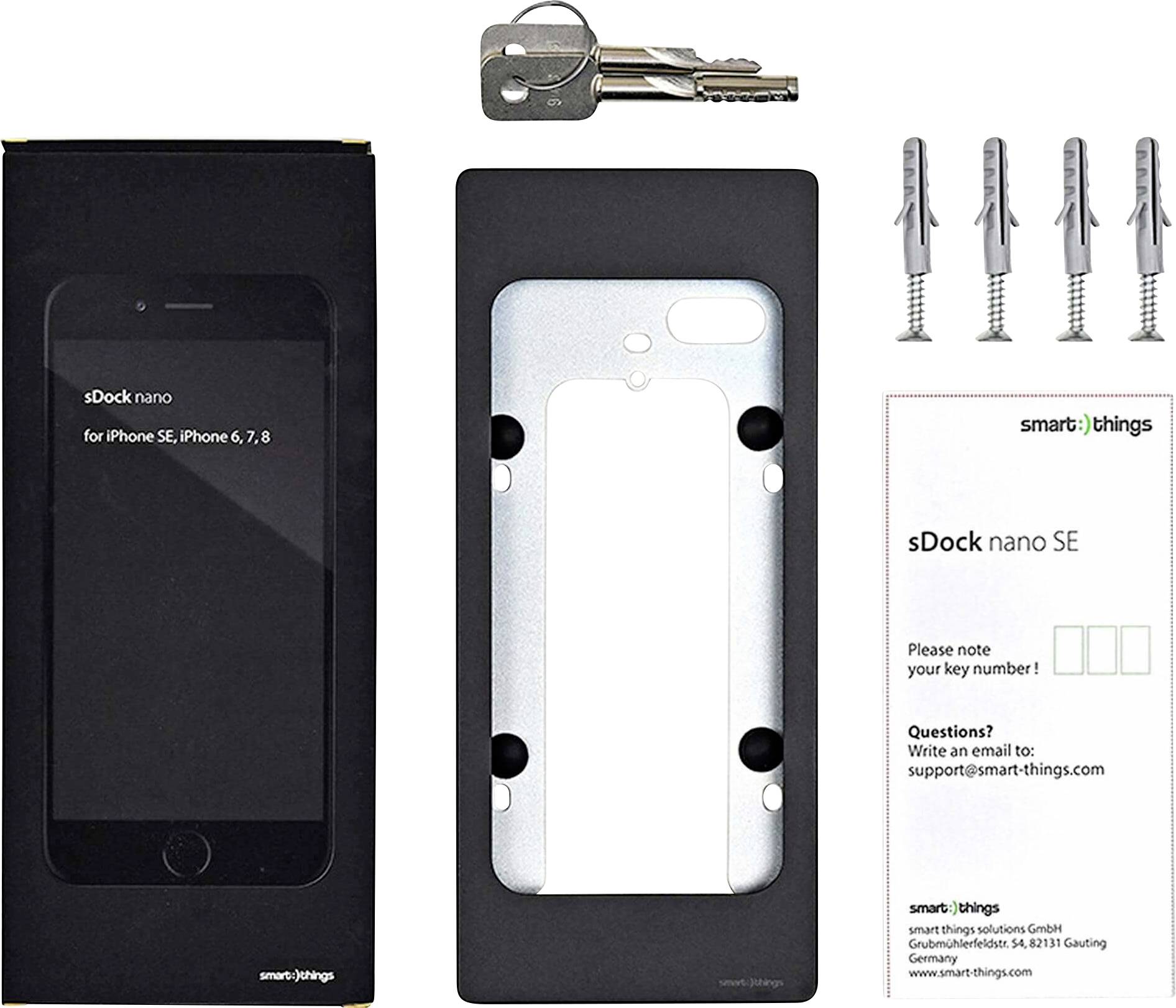 SmartThings sDock nano SE nástěnný držák pro iPhone SE/6/7/8, se zámkem, šrouby a návody.