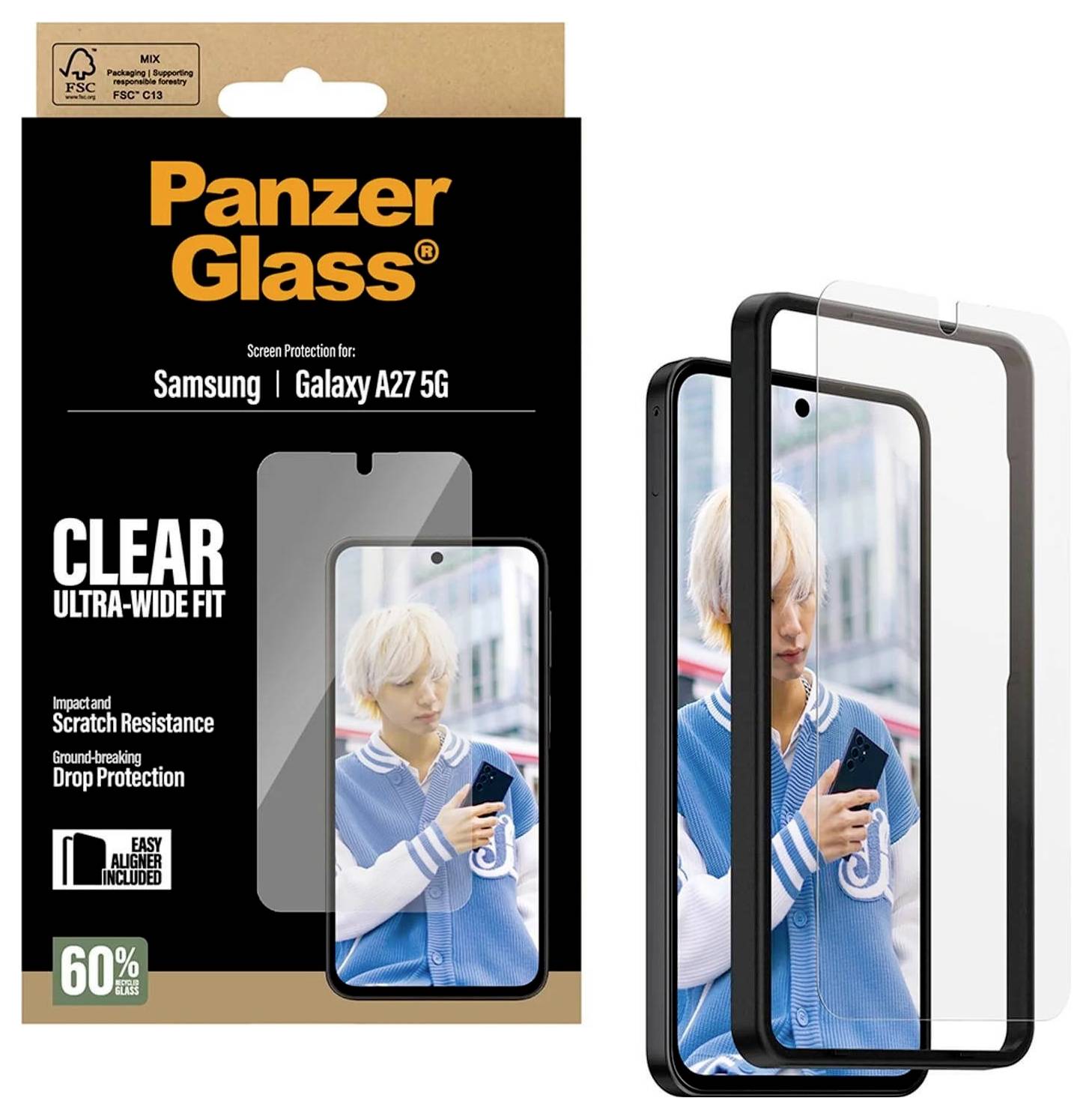 Ochranné sklo Panzer Glass pro Samsung Galaxy A27 5G, čiré ultra-широké provedení s odolností vůči škrábancům a ochranou před pádem; zobrazeno na telefonu.