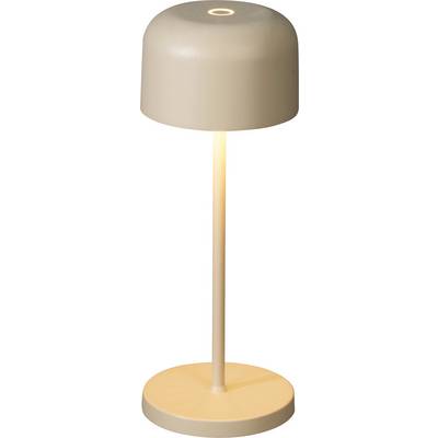 Béžová stolní lampa se zaoblenýmstínem ve tvaru kopule, štíhlou nohou a kulatou základnou na bílém pozadí.