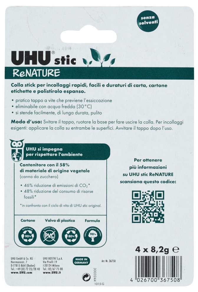 Balíček produktu pro lepidla v tyčinkách UHU stic ReNATURE, zobrazující informace o ekologicky šetrném papíru, lepenku a polystyrenu lepidla a QR kód pro další podrobnosti.