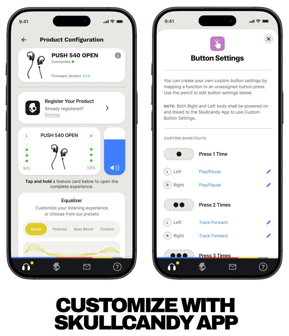 Propagační grafika zobrazující aplikaci Skullcandy na dvou iPhonech: konfigurace produktu pro bezdrátová sluchátka PUSH 540 OPEN a nastavení tlačítek pro vlastní ovládání s popisem "PŘIZPŮSOBTE SI POMOCÍ APLIKACE SKULLCANDY".