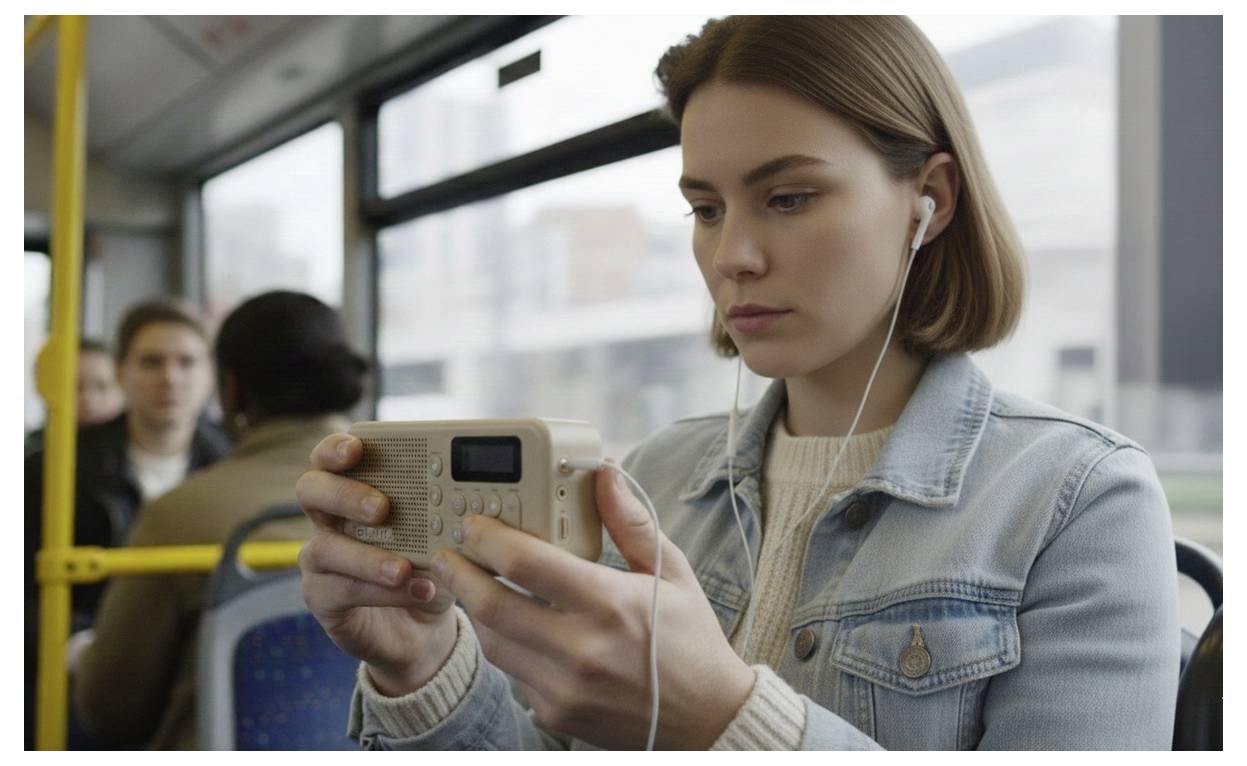 Mladá žena používající přenosné rádio v autobuse při poslouchání přes drátěná sluchátka.