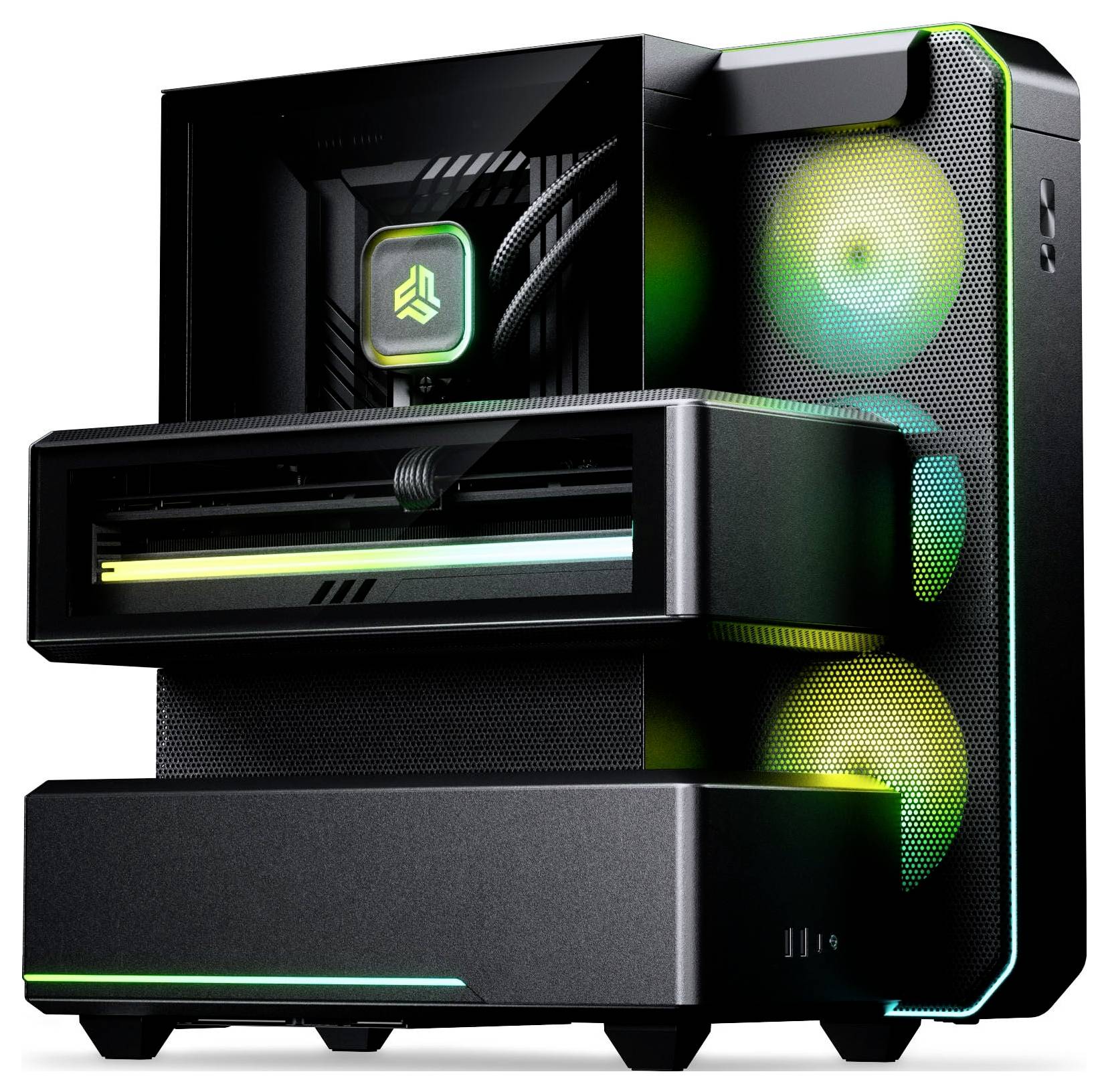 Futuristická černá skříň počítače na stůl s RGB osvětlenými vnitřními komponenty a zářícími předními ventilátory, zobrazená ze tří čtvrtin na bílém pozadí.
