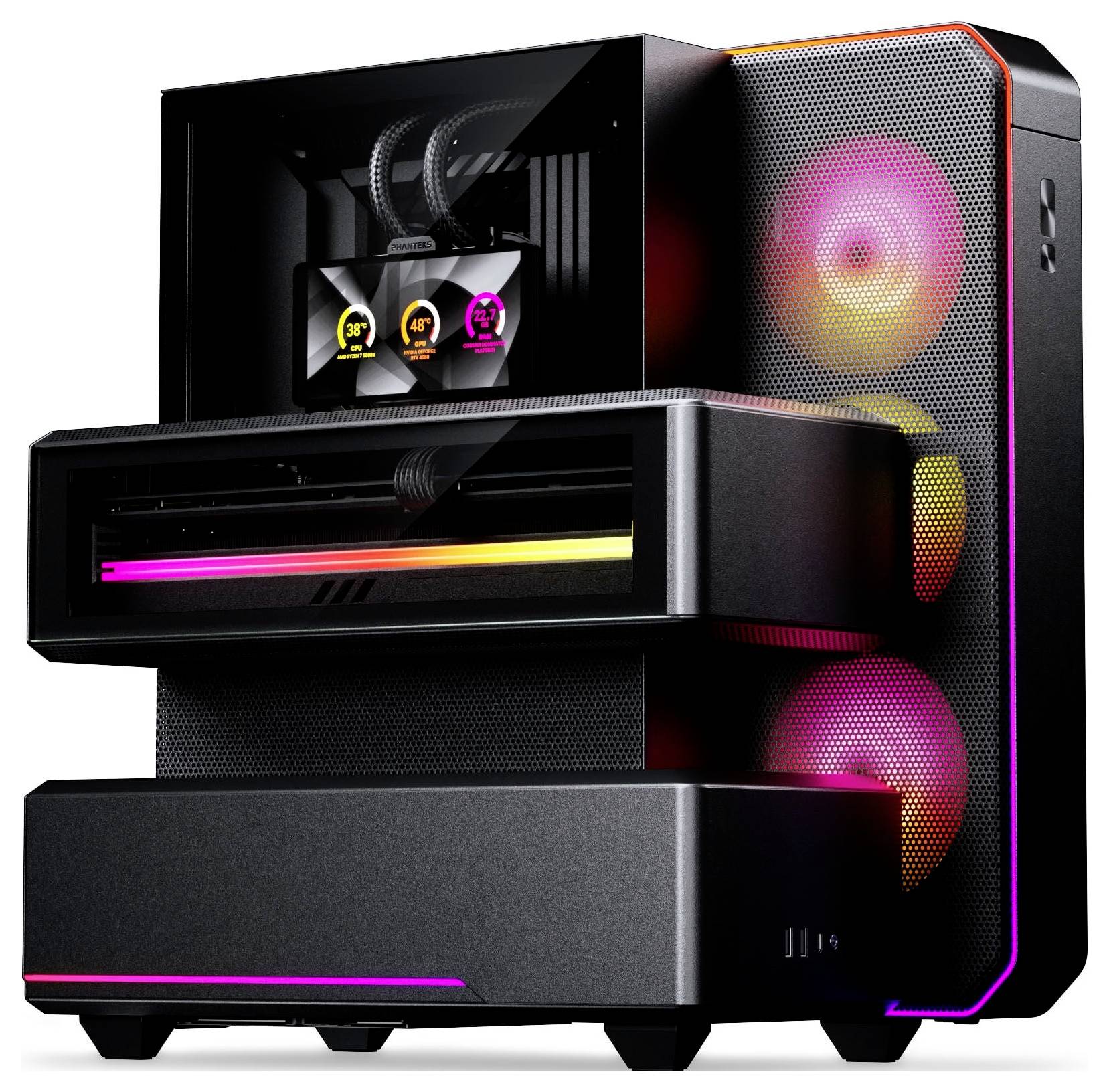 Herní desktopový počítač se skleněným předním a bočním panelem, osvětlenými RGB ventilátory a světelnými pásky, ukazující tekuté chladicí zařízení a kompaktní skládaný design pouzdra.