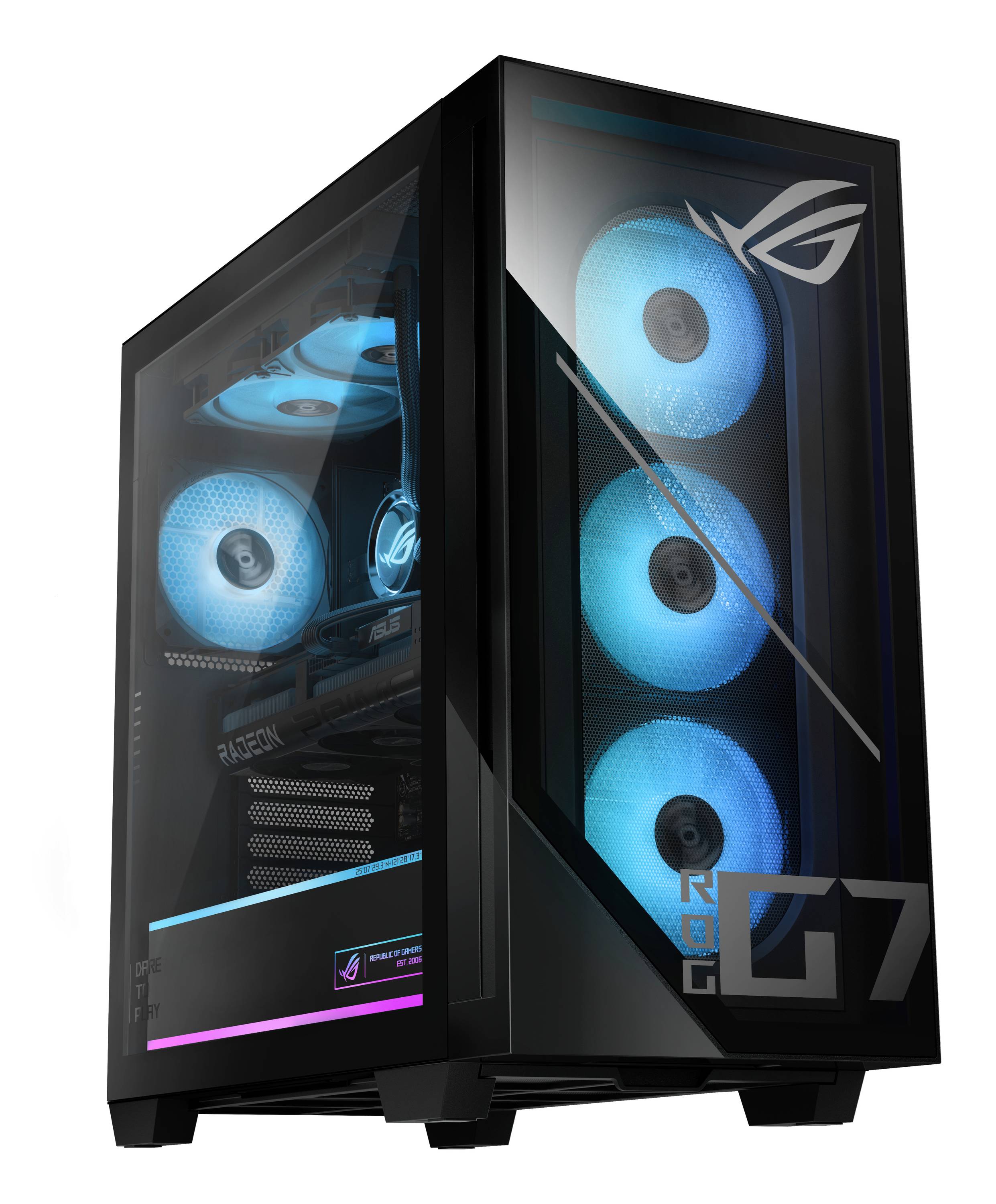 Černá skříň herního PC s panely z tvrzeného skla, modrě osvětlenými RGB ventilátory a logem ROG na přední straně.
