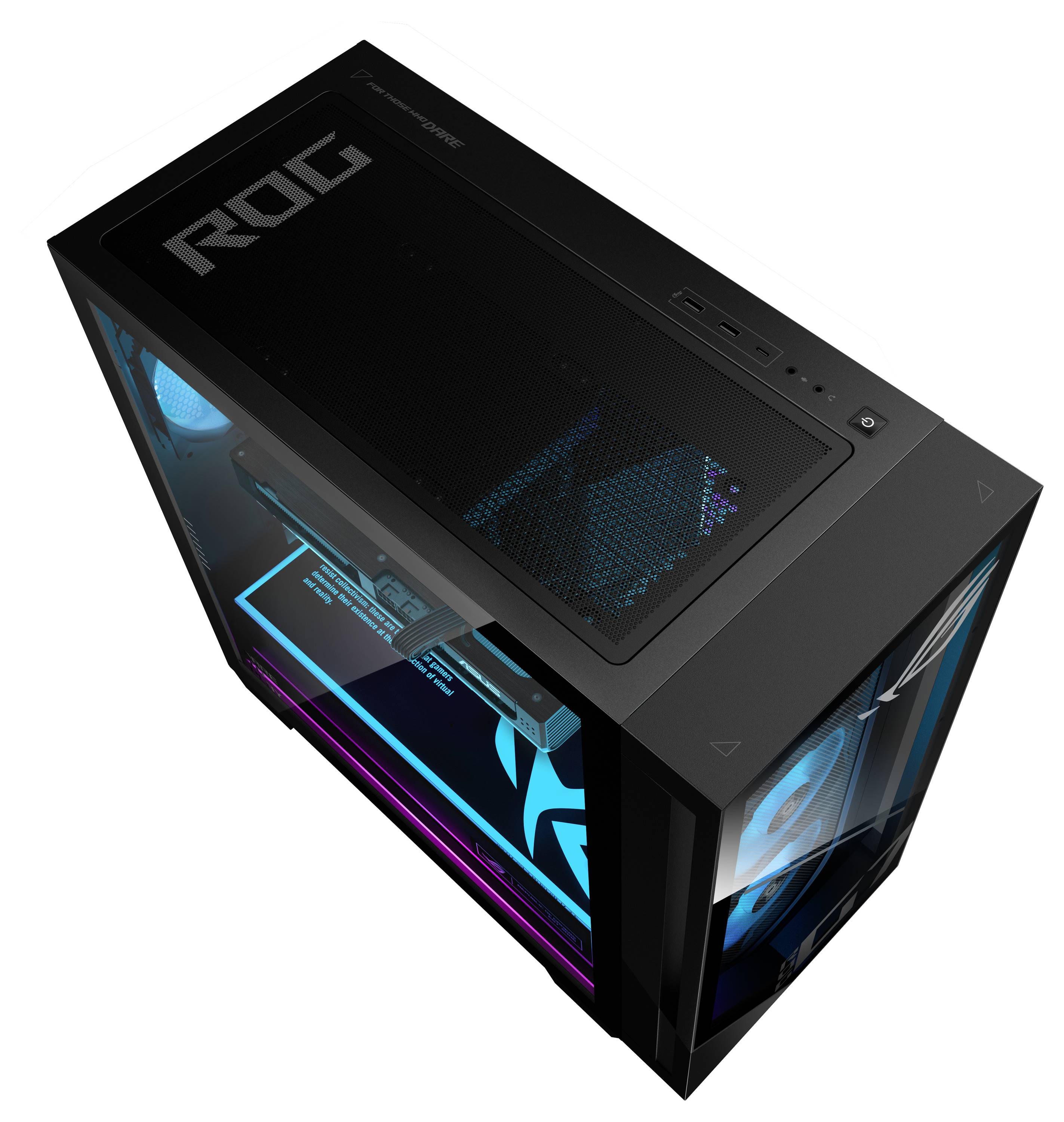 Černá herní PC věž s průhlednými bočními panely, modré vnitřní osvětlením a logem "ROG" na horní straně.