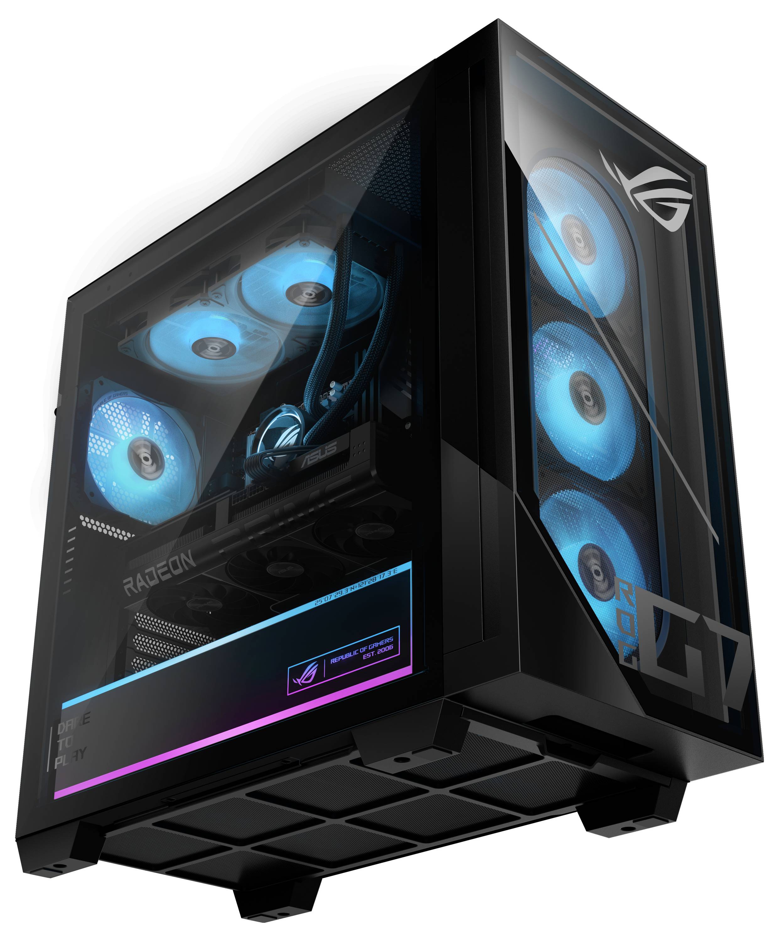 Herní PC věž pro stolní počítač s průhledným bočním panelem, RGB osvětlenými modrými ventilátory, viditelnou grafickou kartou Radeon a logem ROG.
