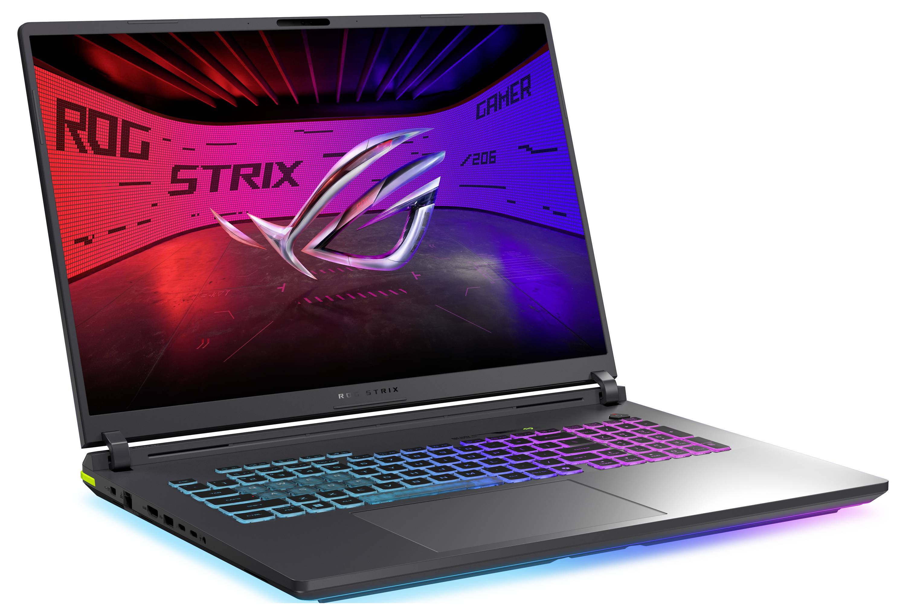 Otevřený herní notebook zobrazující "ROG STRIX" a "CARRER" na obrazovce s červeno-modrým gradientem, s RGB podsvícenou klávesnicí a logem ROG.