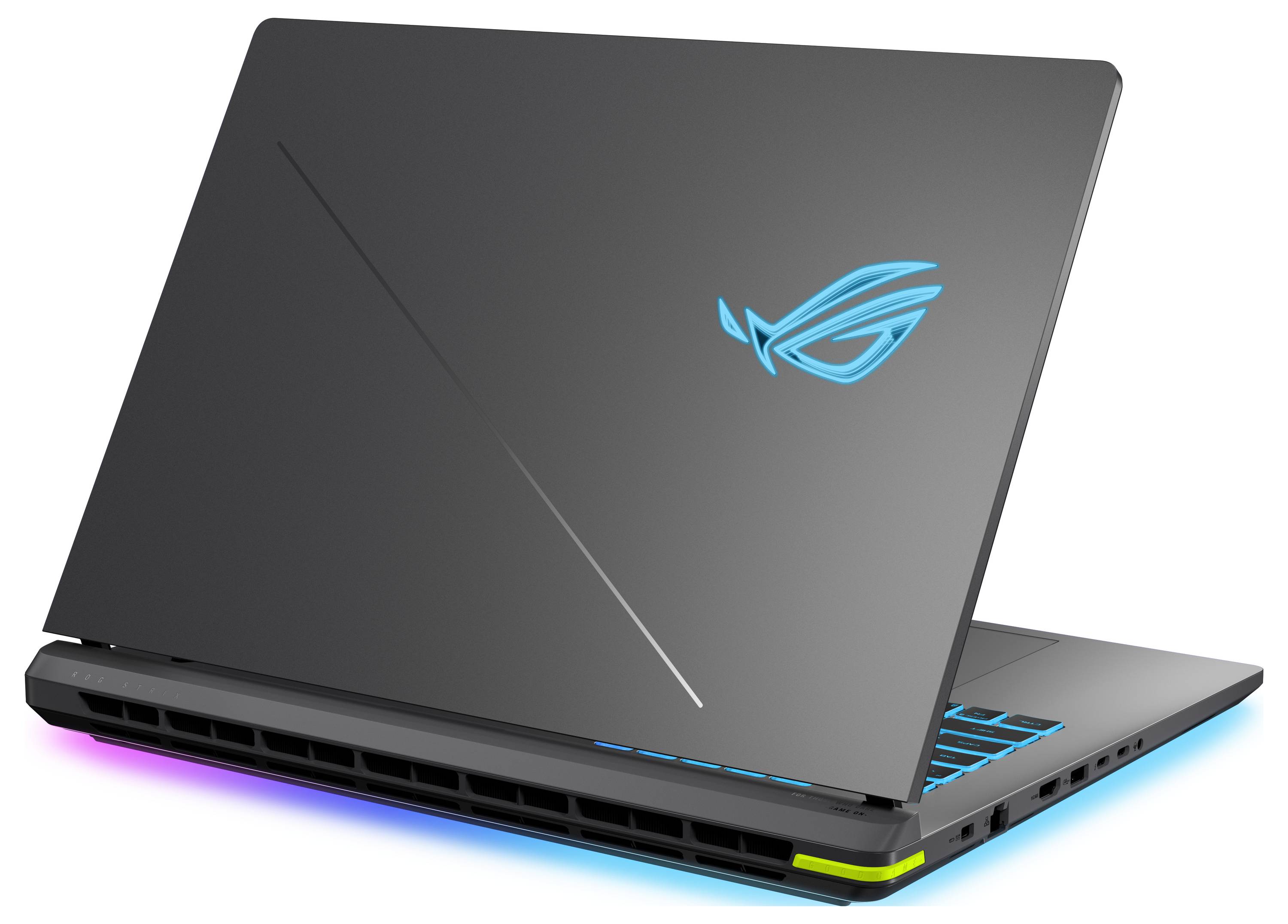 Černý herní laptop ASUS ROG zobrazený částečně otevřený s modře osvětleným logem a klávesnicí s modrými akcenty.