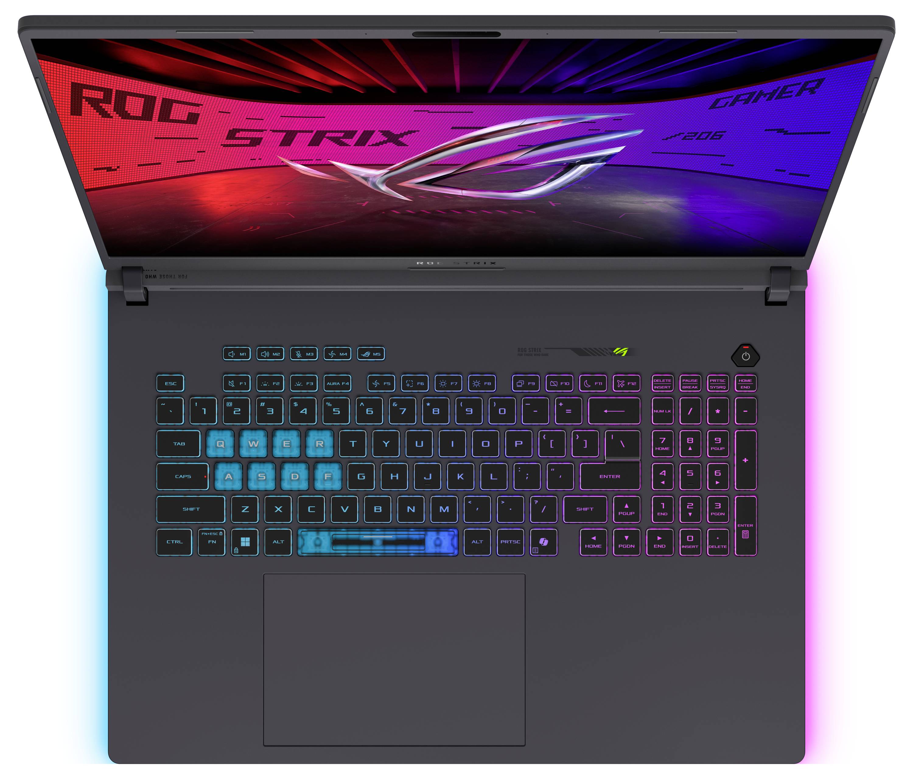 Otevřený herní notebook se značkou ROG Strix na obrazovce a duhovně podsvícenou klávesnicí, pohled shora.