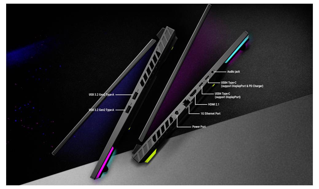 Vykreslení štíhlého černého herního notebooku se svítícími RGB akcentami a popsanými porty na straně, včetně audio jacku, USB-C, USB, HDMI, Ethernetu a napájecího portu.