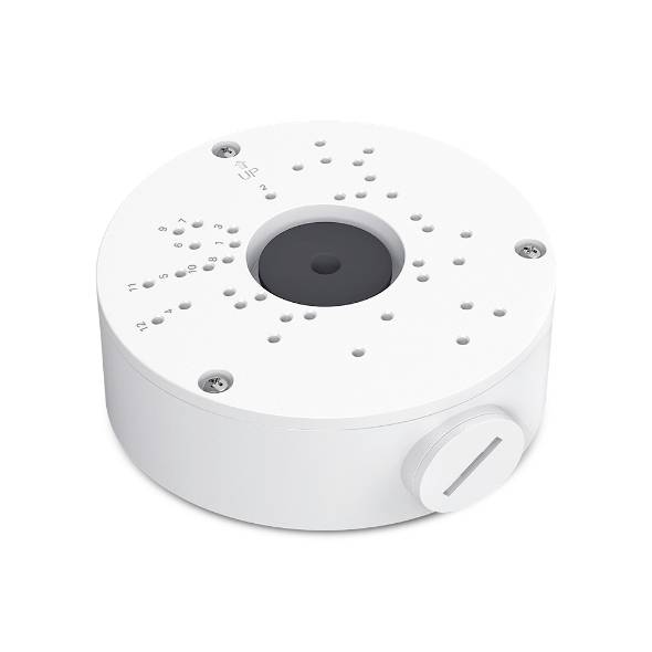 Bílý kulatý stropní senzor nebo detektor kouře s děrovaným vrchem, centrálním tmavým otvorem a nastavovacím knoflíkem na straně na neutrálním pozadí.