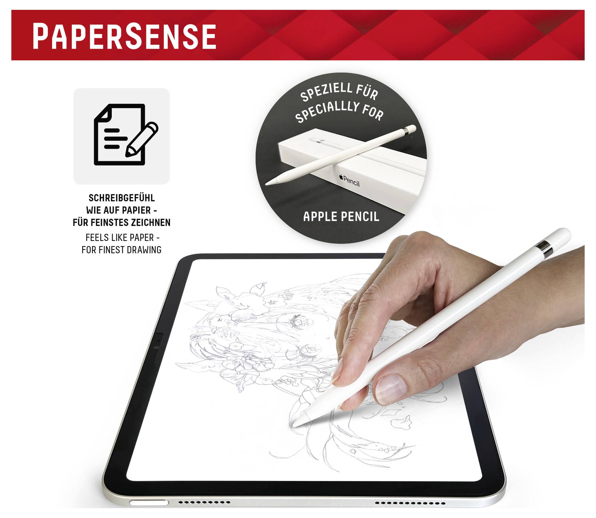 Inzerát na 'PAPERSENSE' špičku stylus, která se cítí jako papír pro Apple Pencil, zobrazující ruku kreslící na iPadu.