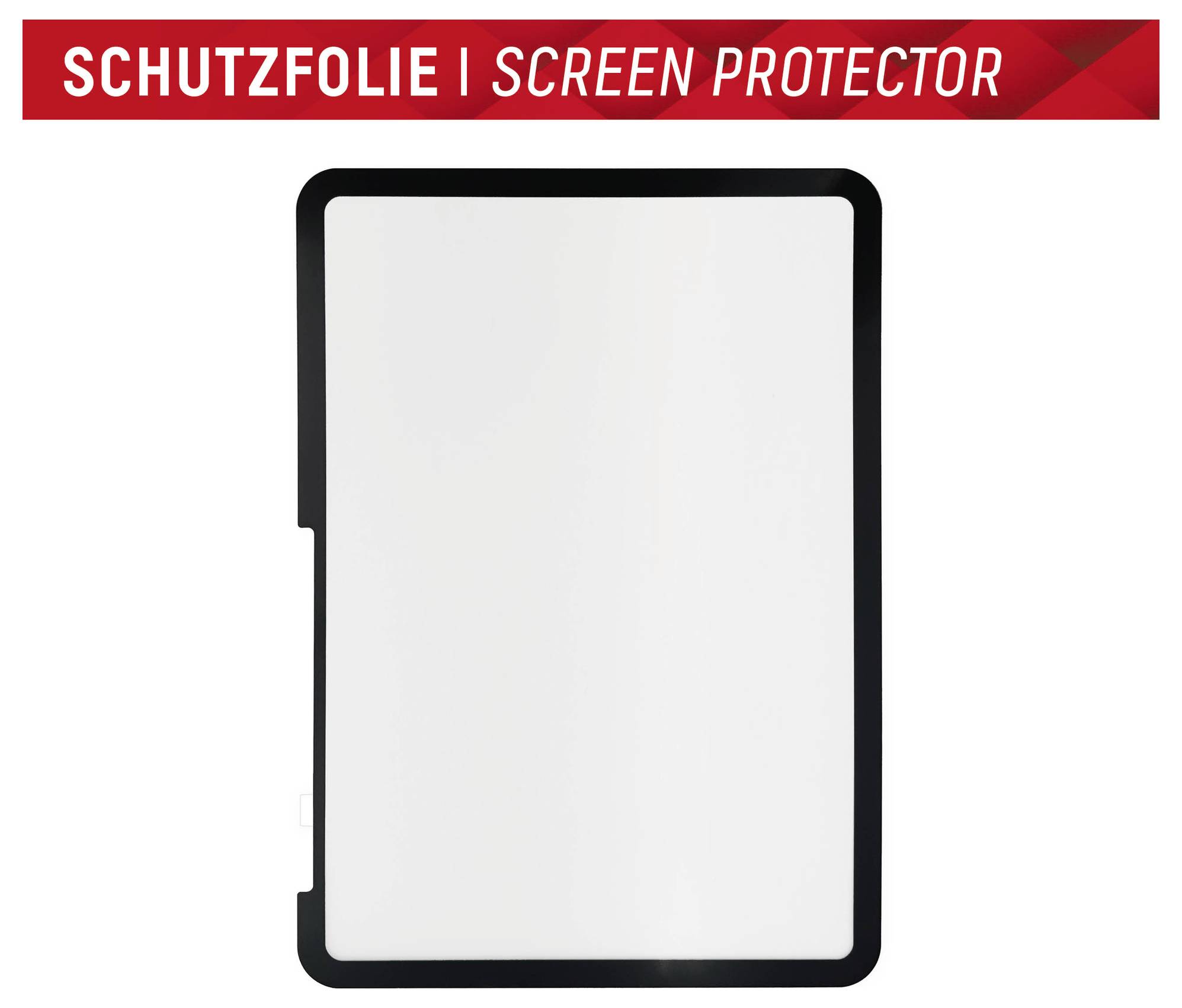 Černá ochranná fólie na tablet displej zobrazená na bílém pozadí s červeným pruhem s textem "SCHUTZFOLIE | SCREEN PROTECTOR".