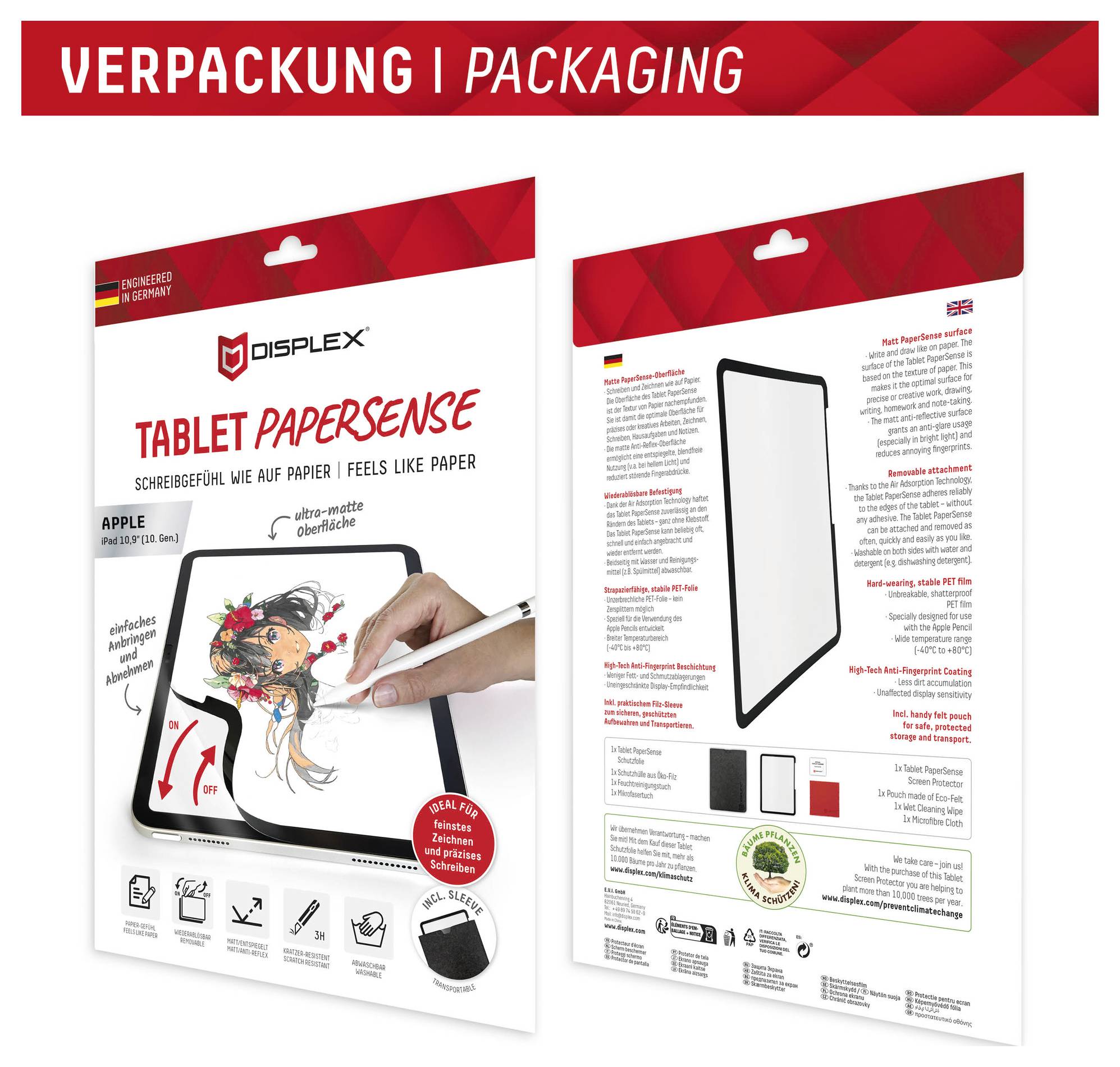 Balení mockup pro Displex Tablet Papersense, zobrazeno přední a zadní strana, s ochranným filmem na displej tabletu, použitím stylusu a funkcemi produktu v němčině a angličtině.