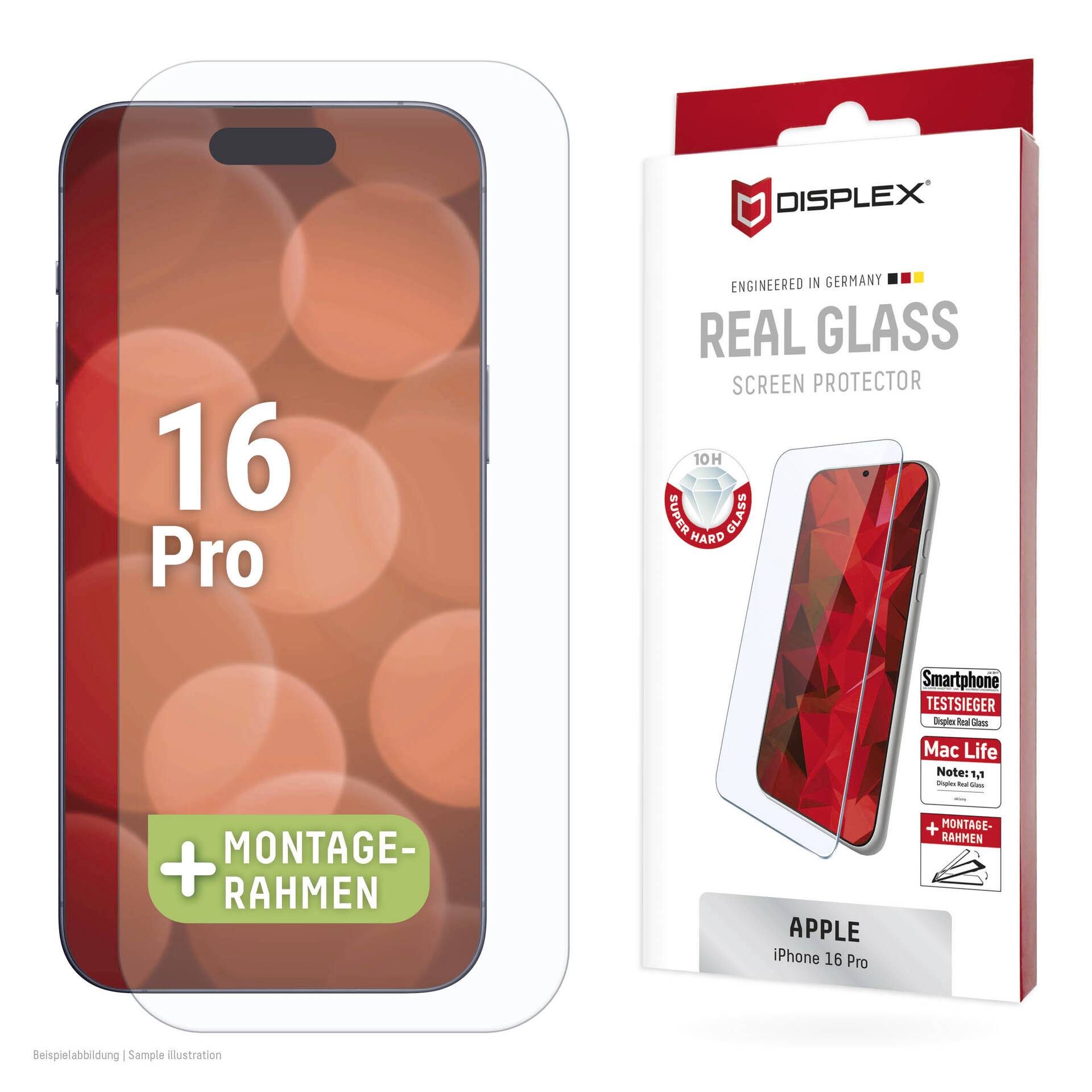 Ochranné sklo na displej iPhone 16 Pro s montážním rámem, zobrazené na obalu označeném jako Displex Real Glass Screen Protector pro Apple iPhone 16 Pro.