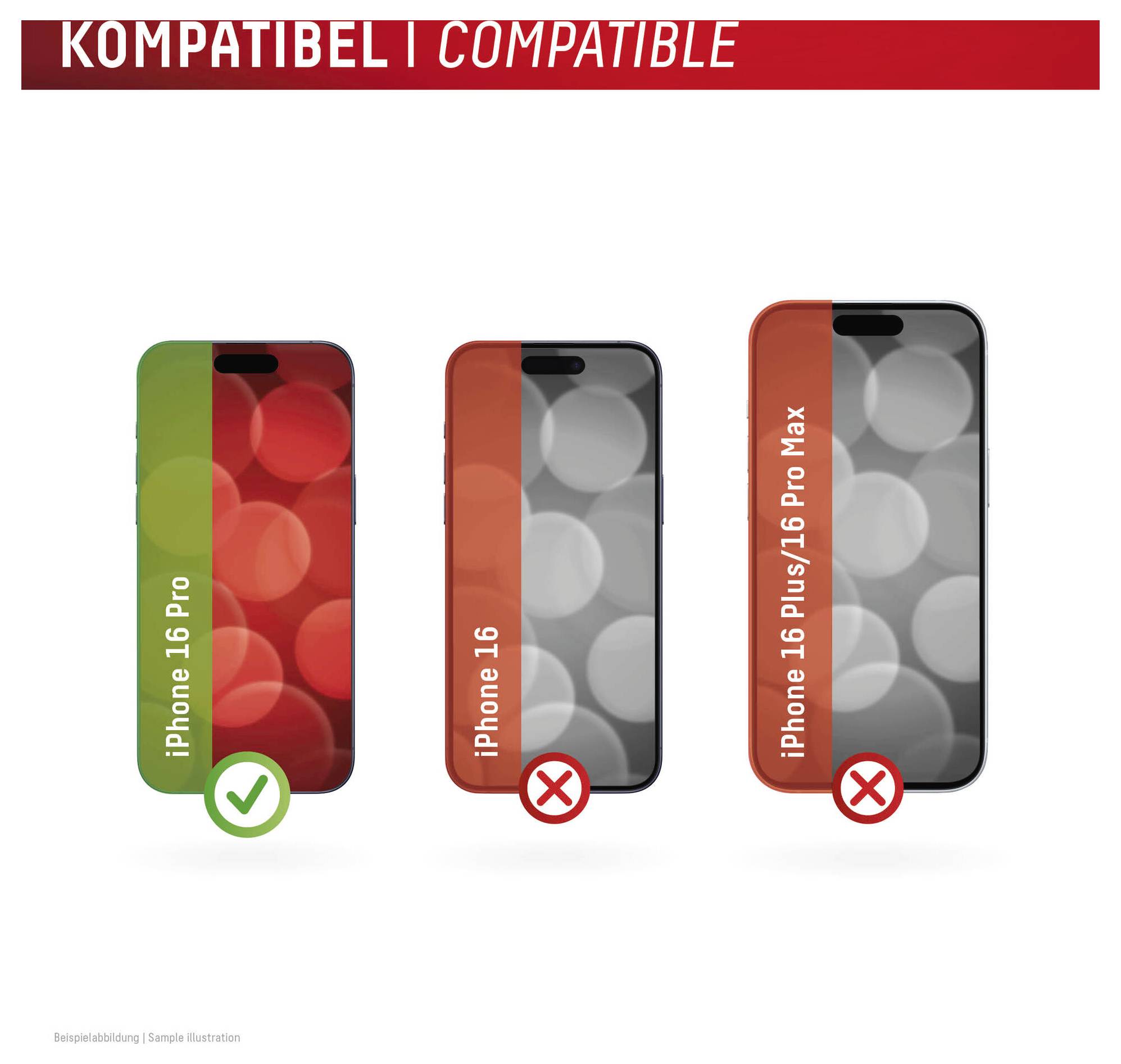 Tabulka kompatibility zobrazující tři pouzdra na telefon: iPhone 16 Pro je kompatibilní (zelená značka), iPhone 16 není kompatibilní (červený X) a iPhone 16 Plus/16 Pro Max není kompatibilní (červený X).