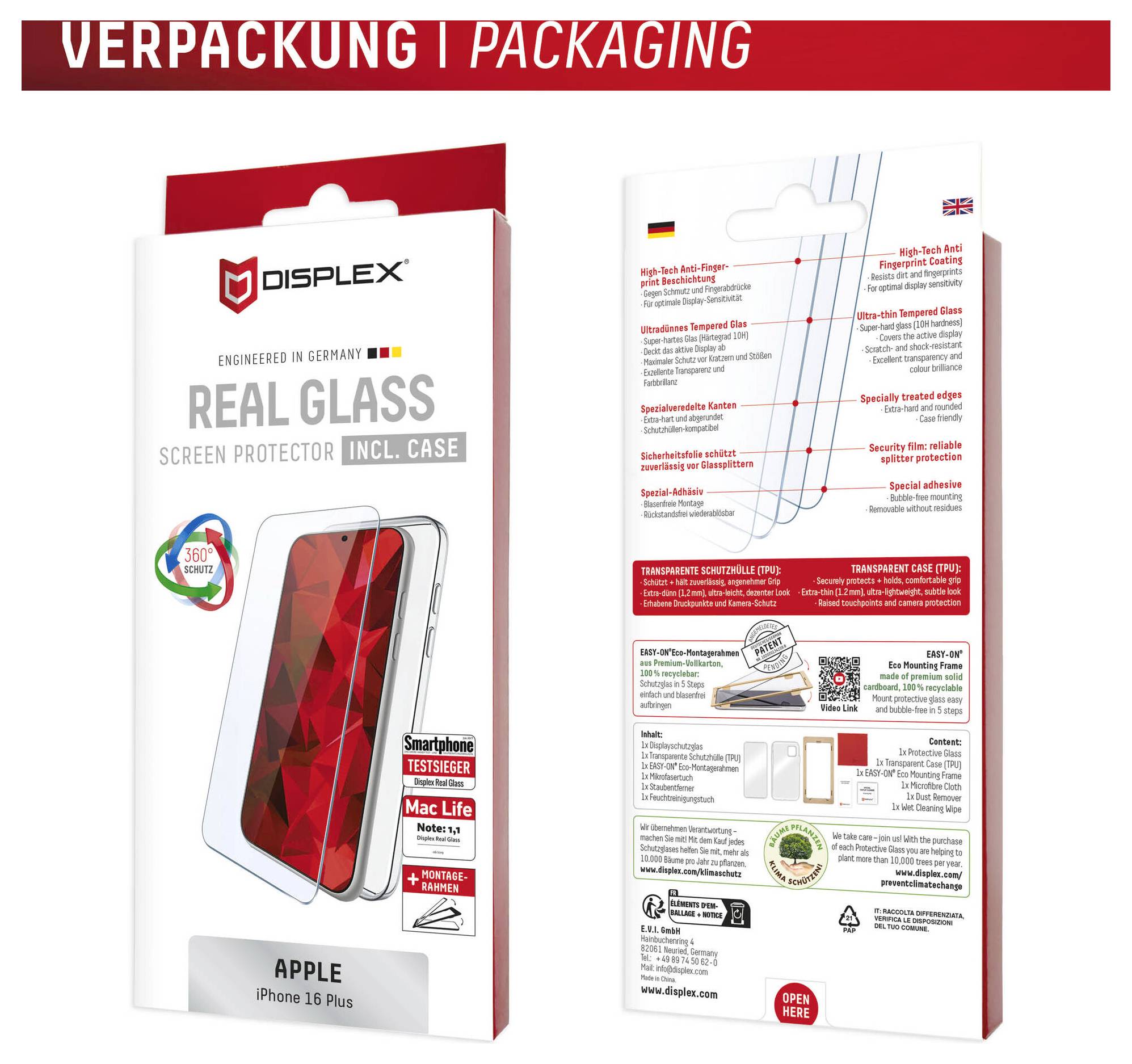 Balení DISPLEX Real Glass ochranného skla na displej pro Apple iPhone 16 Plus s přední a zadní stranou krabice zobrazující vlastnosti produktu a kompatibilitu s pouzdry.