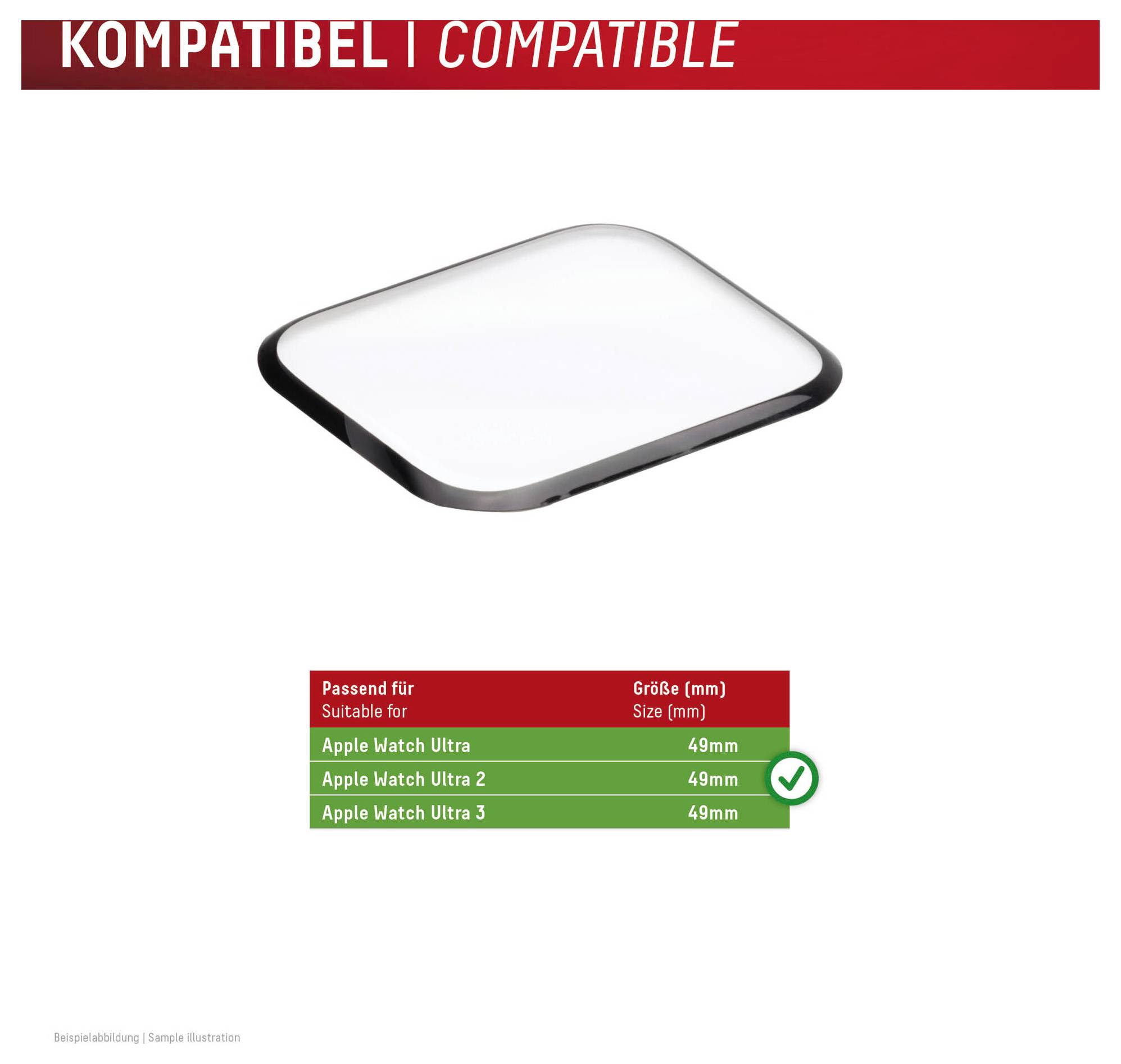 Kompatibilní příslušenství pro Apple Watch Ultra, Ultra 2 a Ultra 3, velikost 49 mm, zobrazeno s ilustrací produktu a tabulkou velikostí.